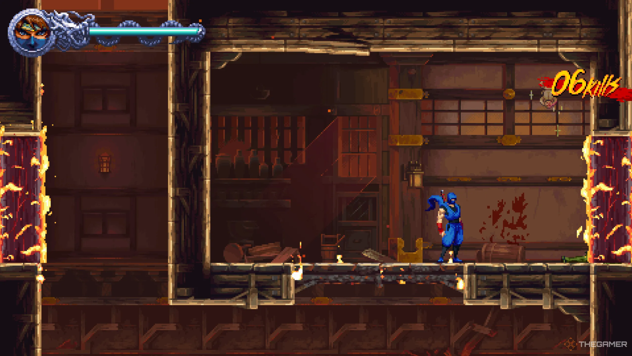 Vị trí Golden Scarab thứ ba của màn 1-2 trong Ninja Gaiden: Ragebound, gần con quỷ ném dao khi leo lên nhà cháy.