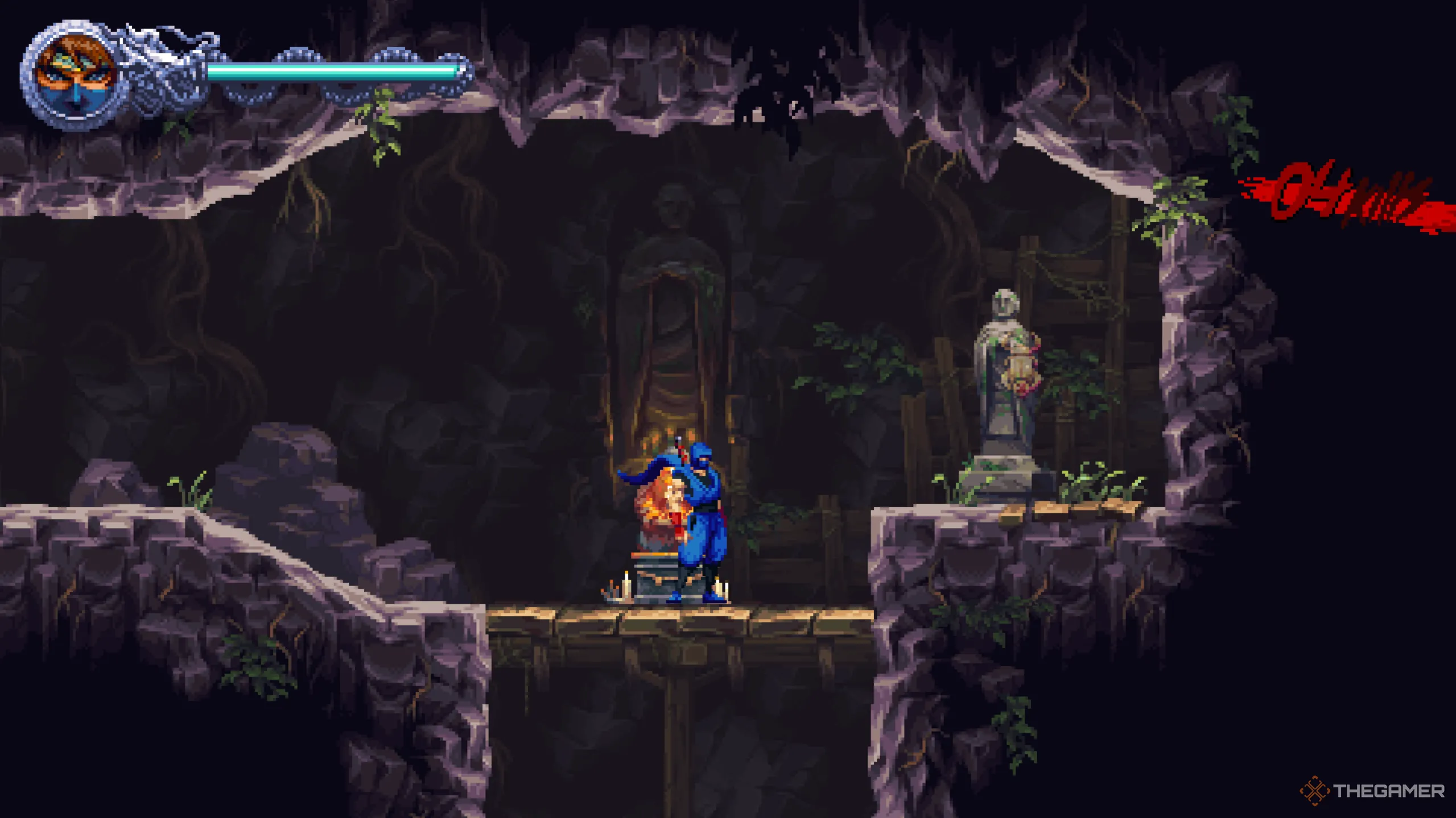 Vị trí Golden Scarab thứ hai trong hang động ở màn 1-3 Ninja Gaiden: Ragebound, ngay cạnh điểm checkpoint.