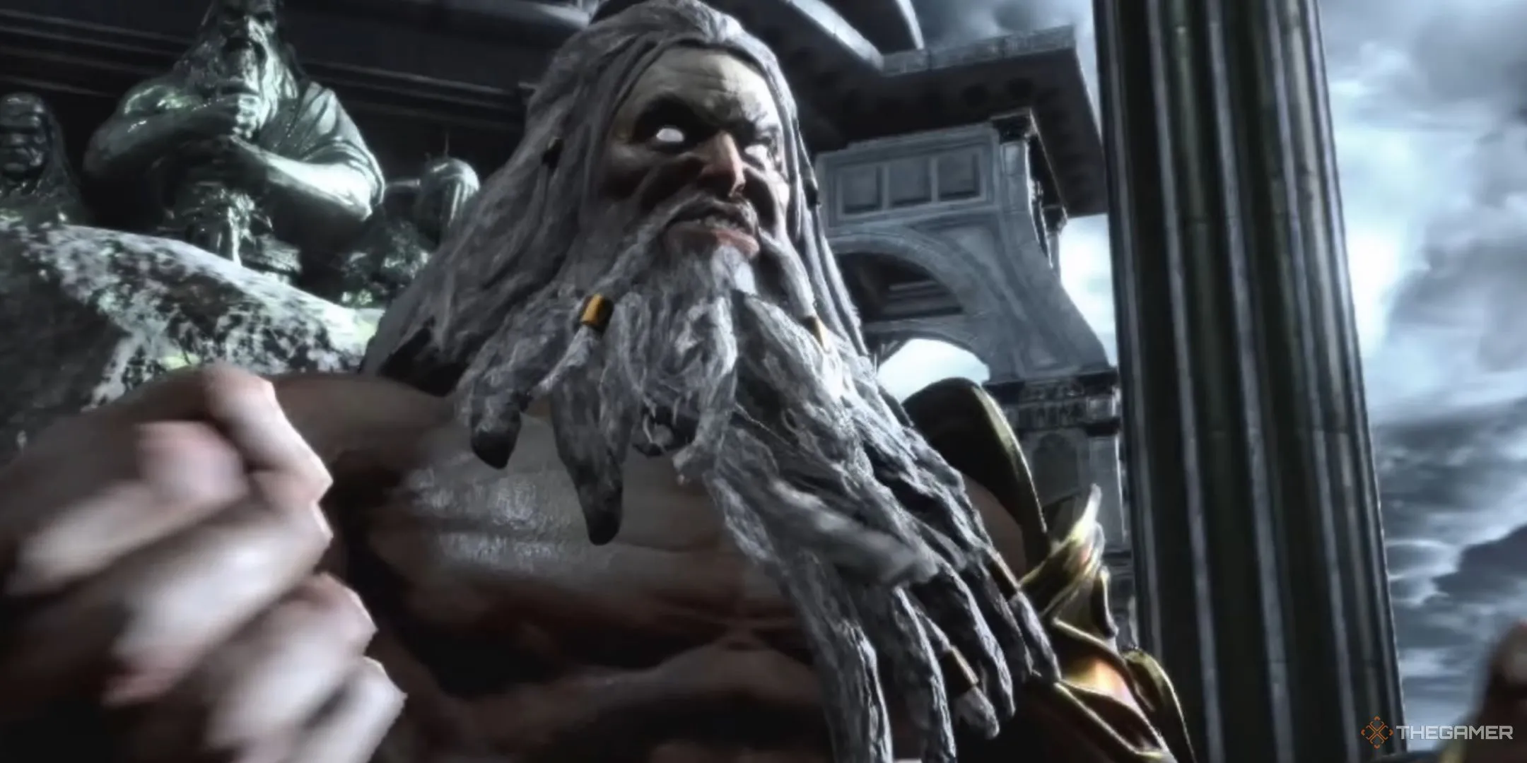 Vua của các vị thần Zeus trong God of War 3 với vẻ mặt đầy quyền uy và tàn bạo.