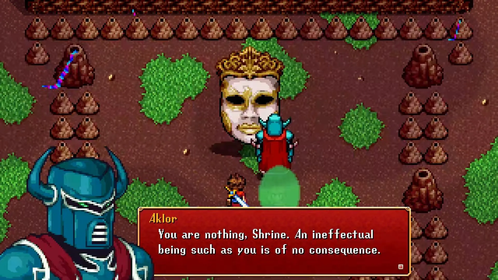 Aklor đối thoại với Rio và Reima trong cảnh có chiều sâu sprite và hiệu ứng môi trường