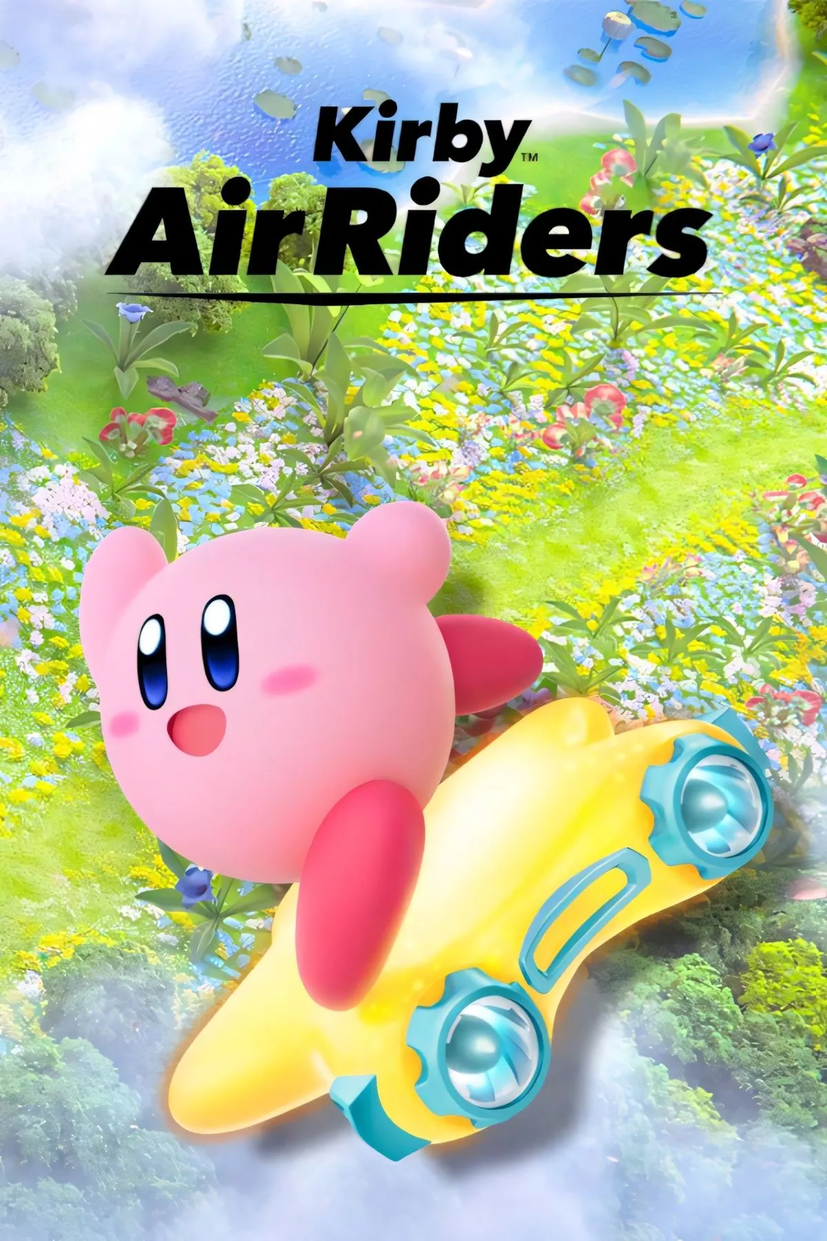 ảnh bìa Kirby Air Riders với Kirby lái máy bay đua trên nền bầu trời, quảng bá sự kiện Global Test Ride và chế độ Road Trip