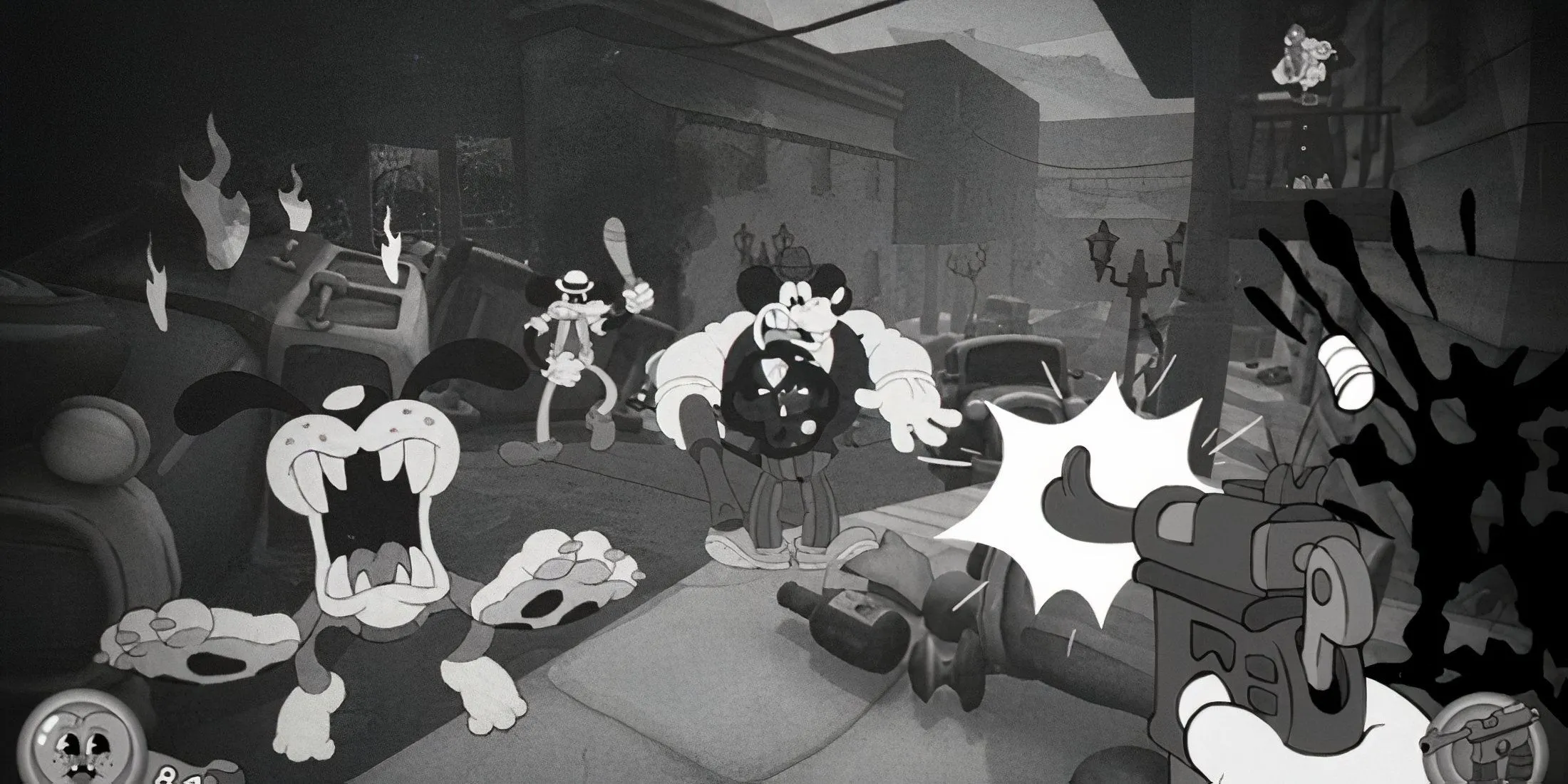 Ảnh cắt cảnh game với tông noir và thiết kế nhân vật hoạt hình cổ điển