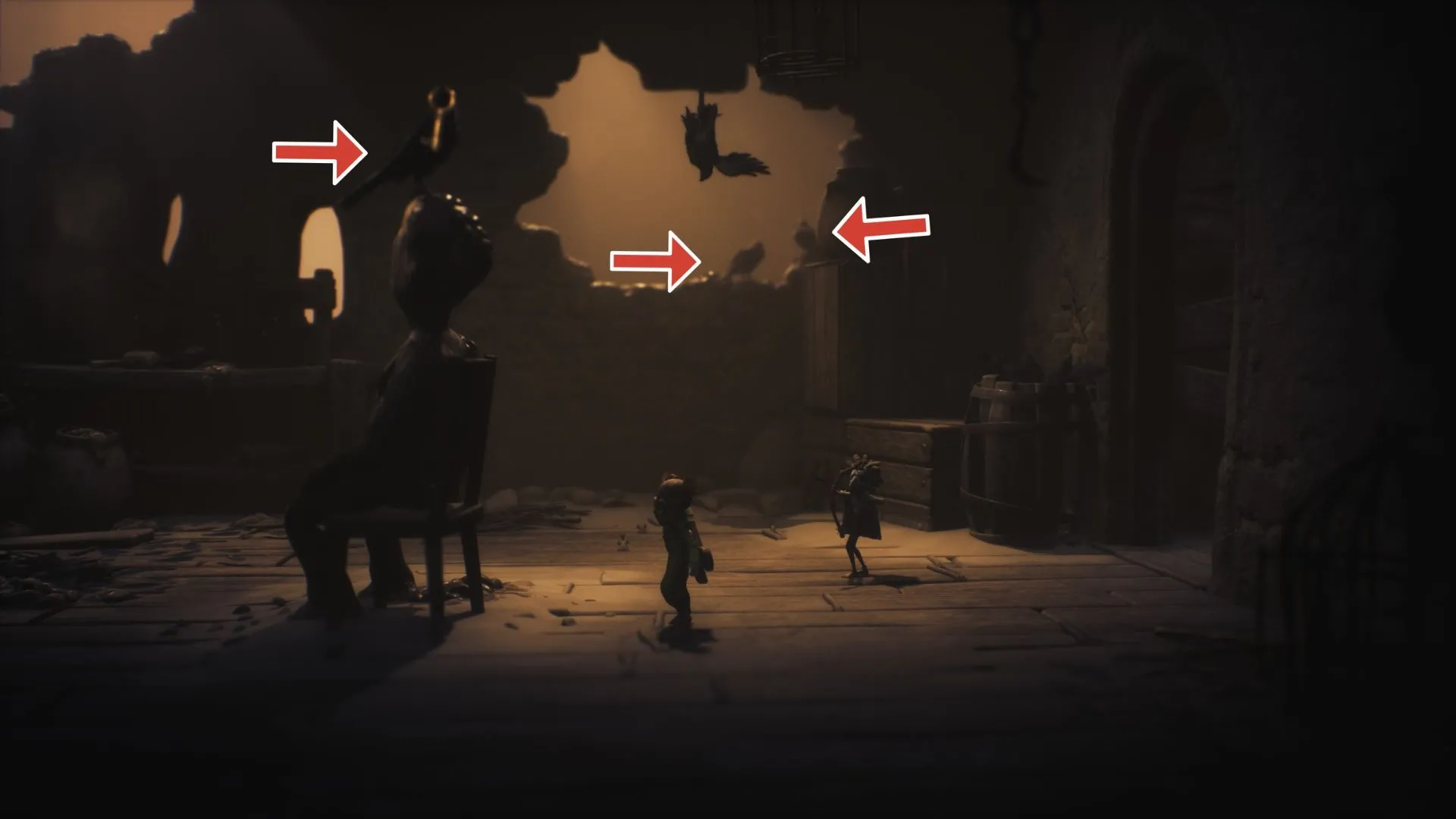 Ba quạ tập trung trong phòng có tượng lớn và lỗ tường — vị trí Crow 3,4,5