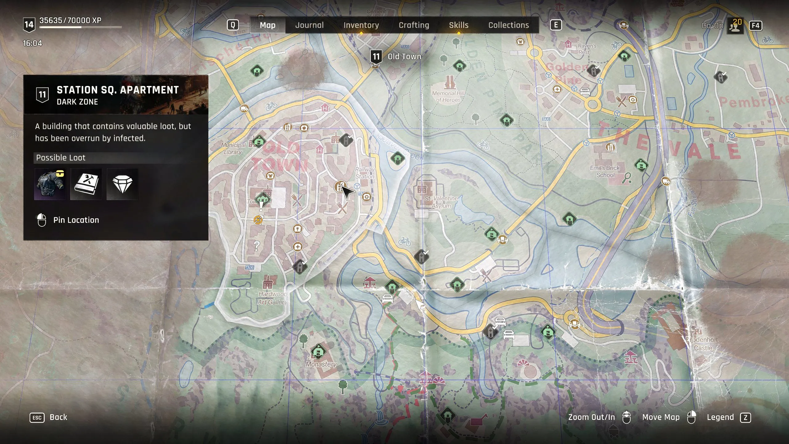 Bản đồ vị trí Dark Zones ở Apartment có biểu tượng Manual Pages hiển thị trong mục Possible Loot