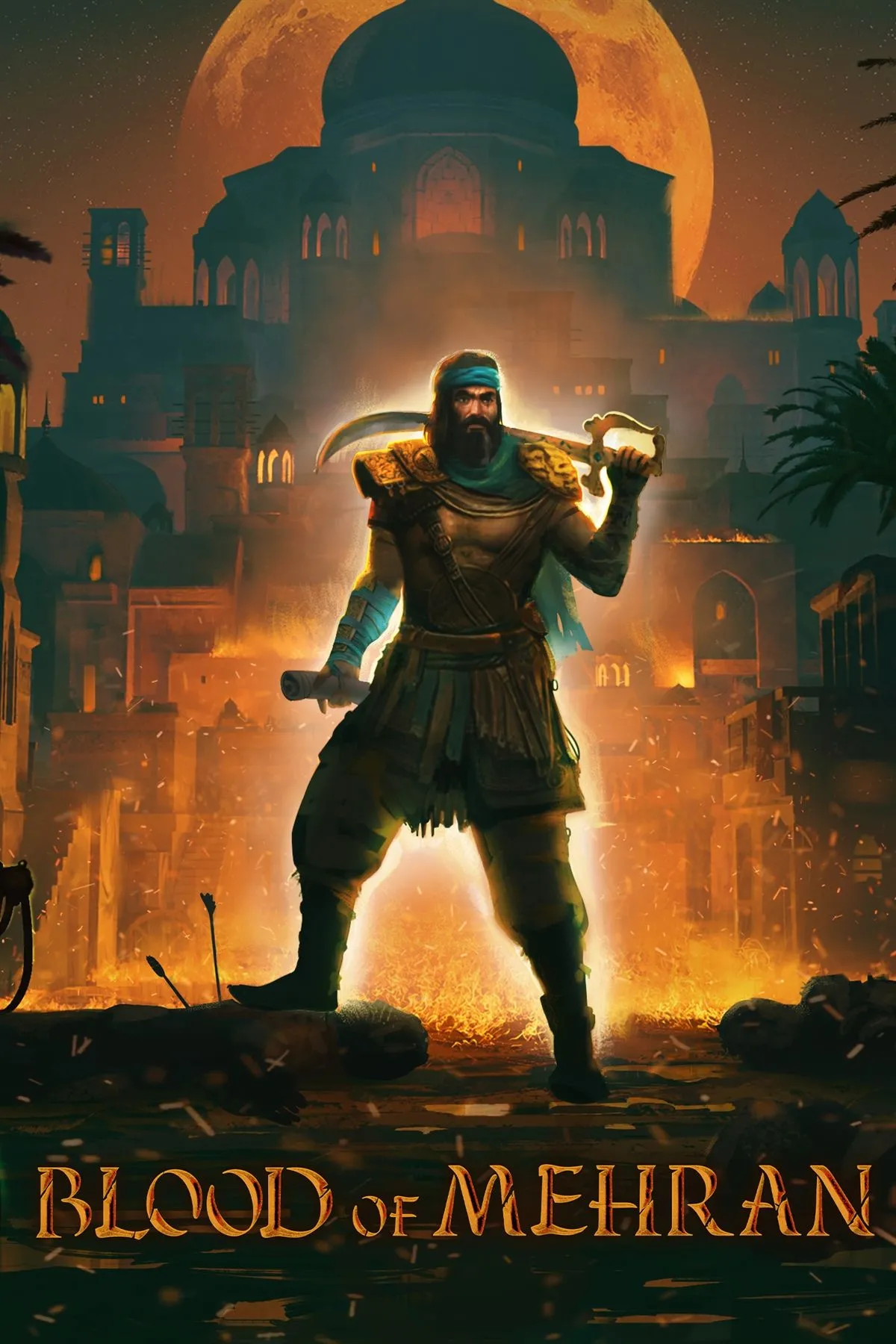 Bìa Blood of Mehran với tông màu Persian và nhân vật chính cầm kiếm