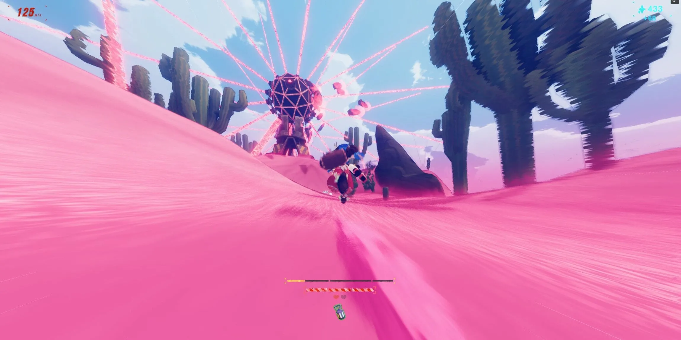 Cảnh chạy xuyên sa mạc trong Haste, nhấn mạnh tốc độ và design level hướng hành động