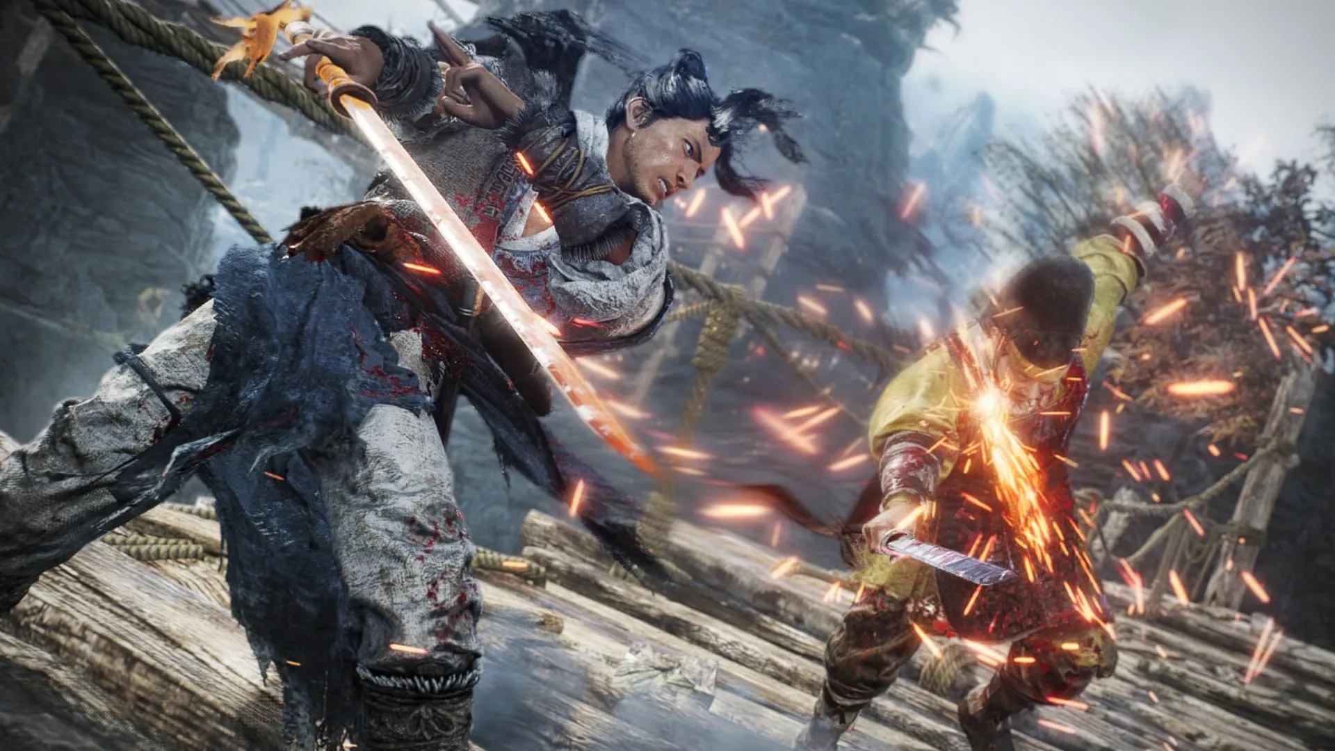 Cảnh chiến đấu căng thẳng trong Wo Long: Fallen Dynasty với nhân vật chính đối đầu boss