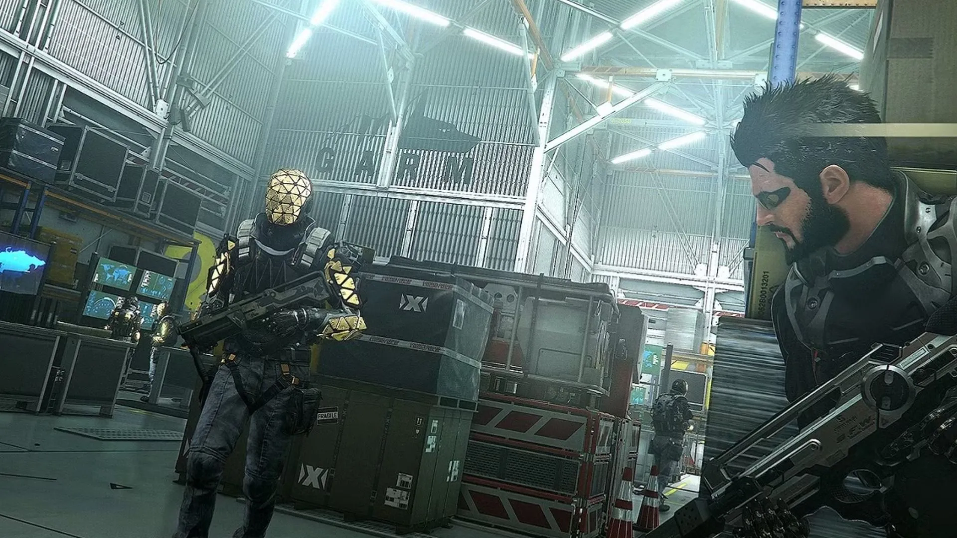 Cảnh gameplay của Deus Ex: Mankind Divided, ánh đèn neon và augmentations phản ánh chủ đề cyberpunk