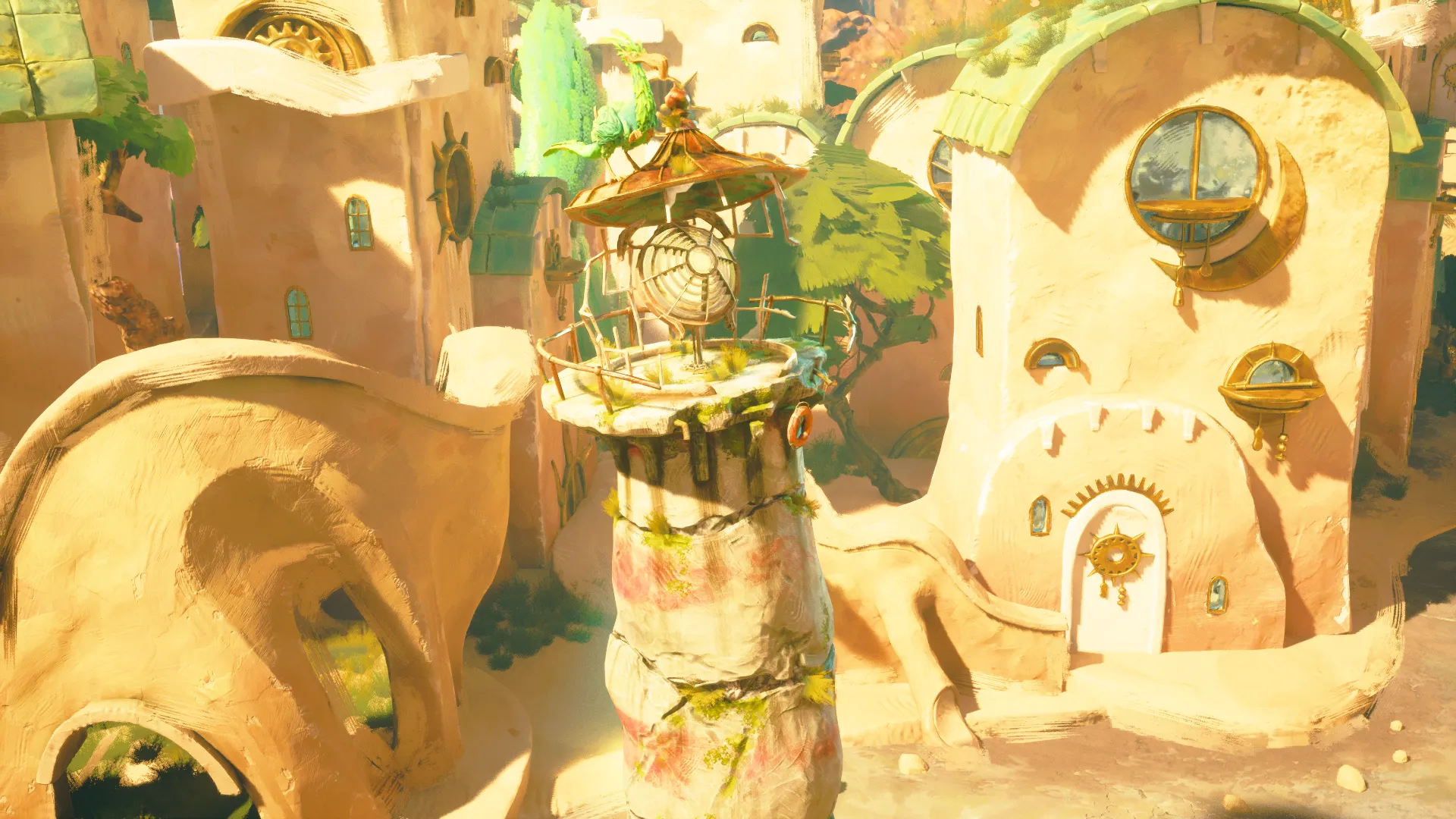 Cảnh trong Keeper thể hiện ngọn hải đăng và người bạn chim Twig giữa môi trường kỳ ảo