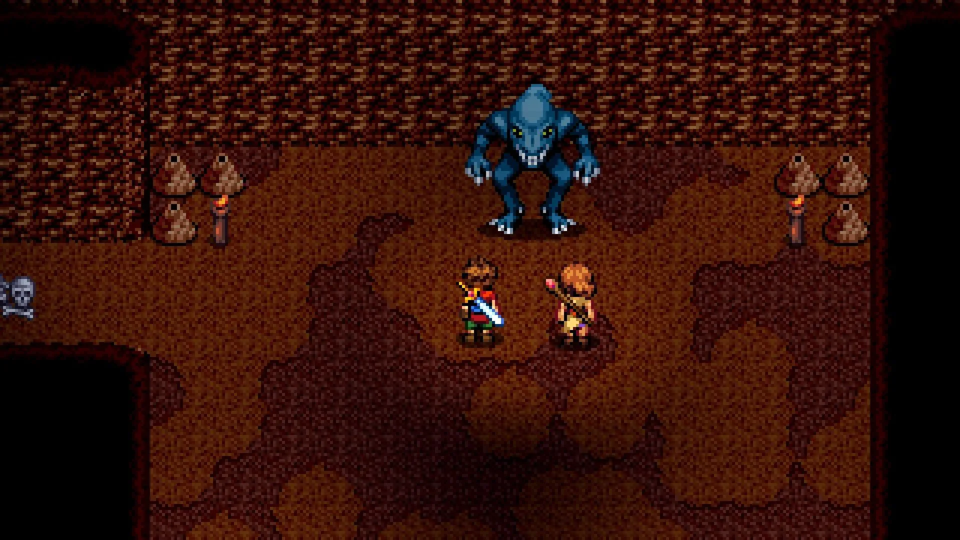 Cuộc đối đầu với quái vật Groonis trong chiến trường sprite 16-bit