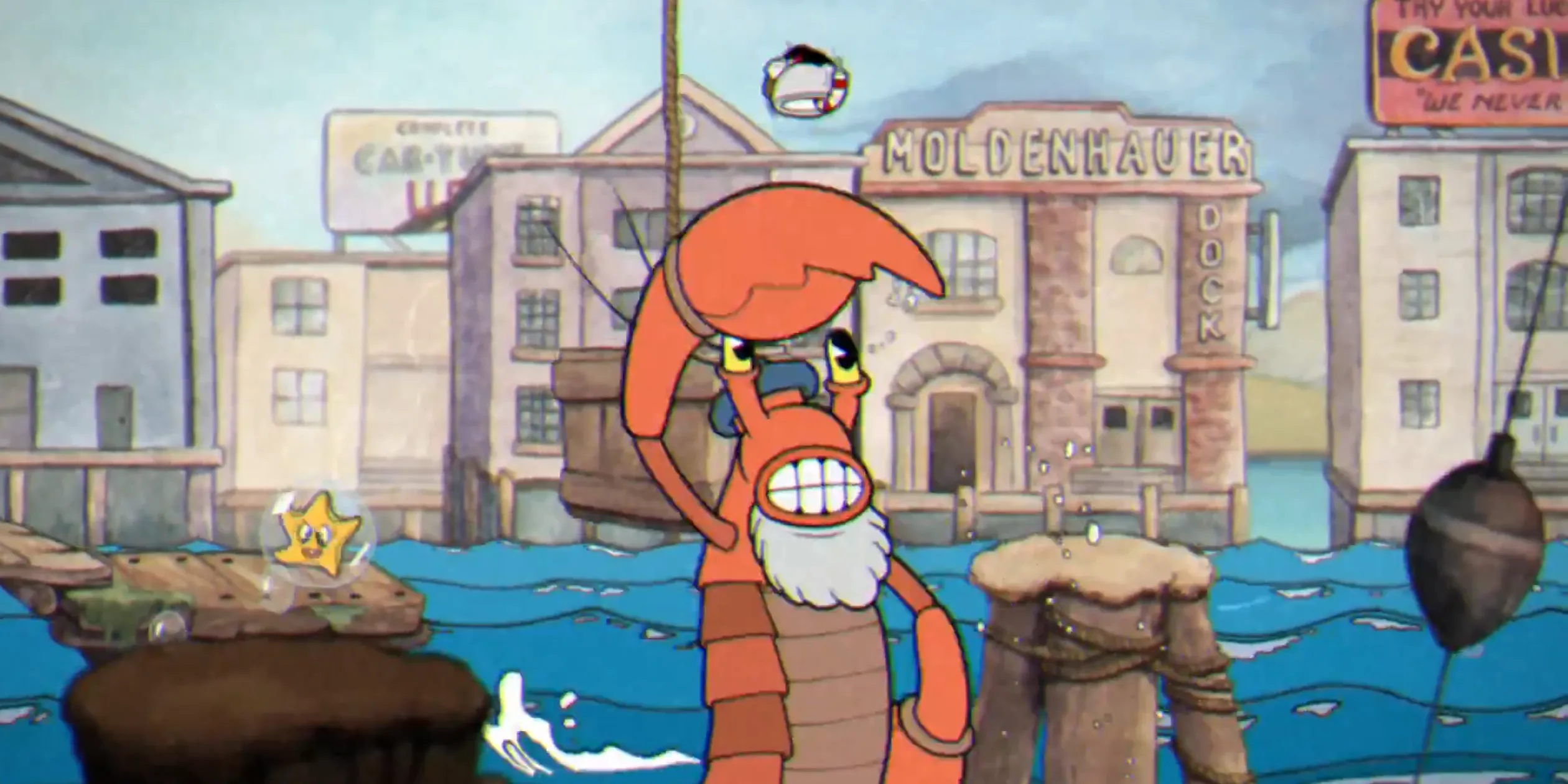 Cuphead Perilous Piers với hàng trăm viên đạn và kẻ địch trên nền platform chuyển động