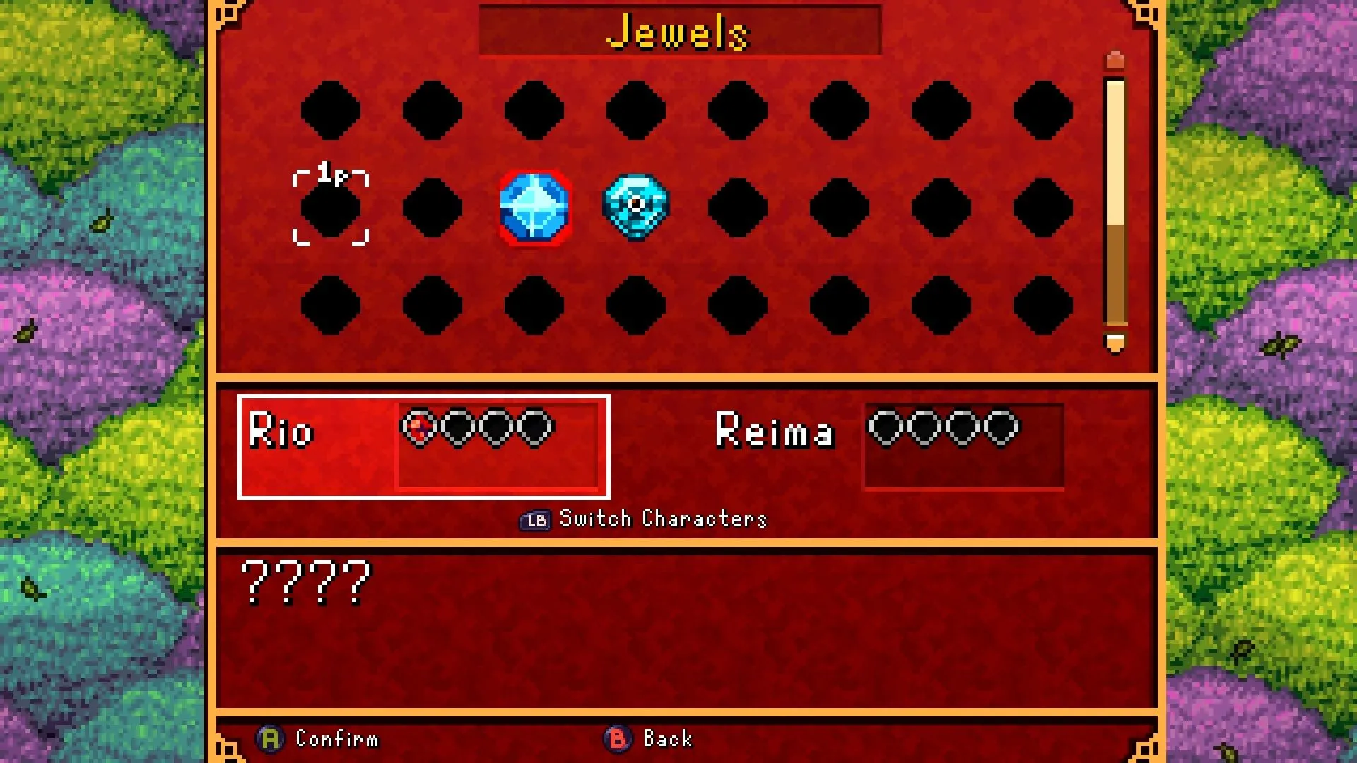 Giao diện kho đồ và hệ thống đá quý, thể hiện cách sắp xếp item theo phong cách retro