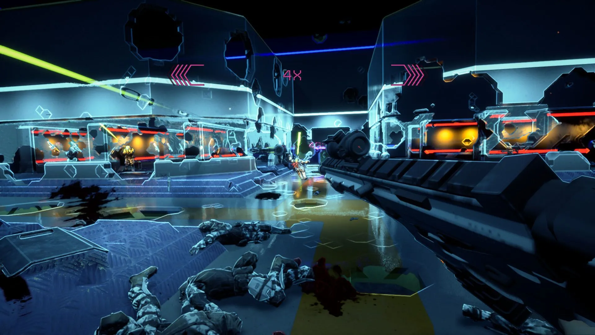 Hiệu ứng bullet-time và pha hành động trong Severed Steel, phù hợp với fan Neon White thích parkour bắn súng