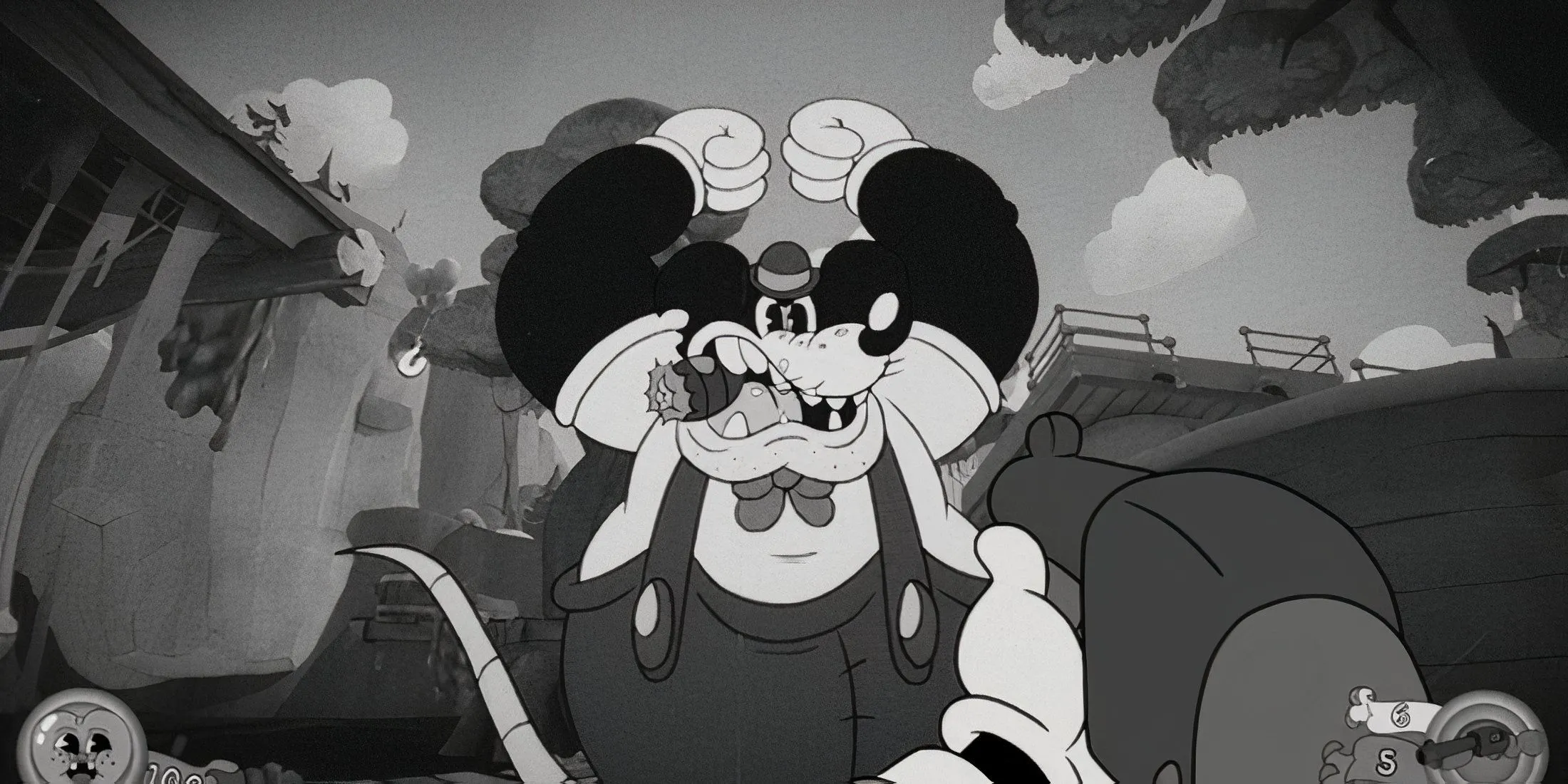 Hình ảnh gameplay phong cách rubber hose với kẻ thù chuột và hiệu ứng khói đen trắng