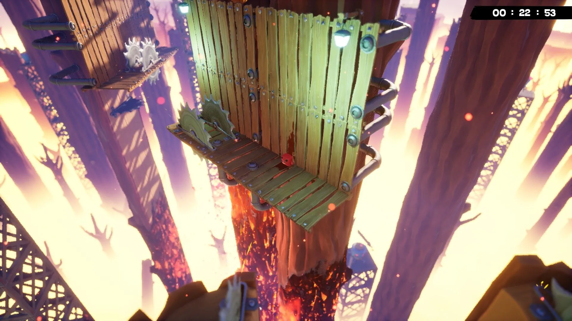 Khung cảnh gameplay với nhiều bẫy cưa, Meat Boy chuẩn bị dash để vượt chướng ngại