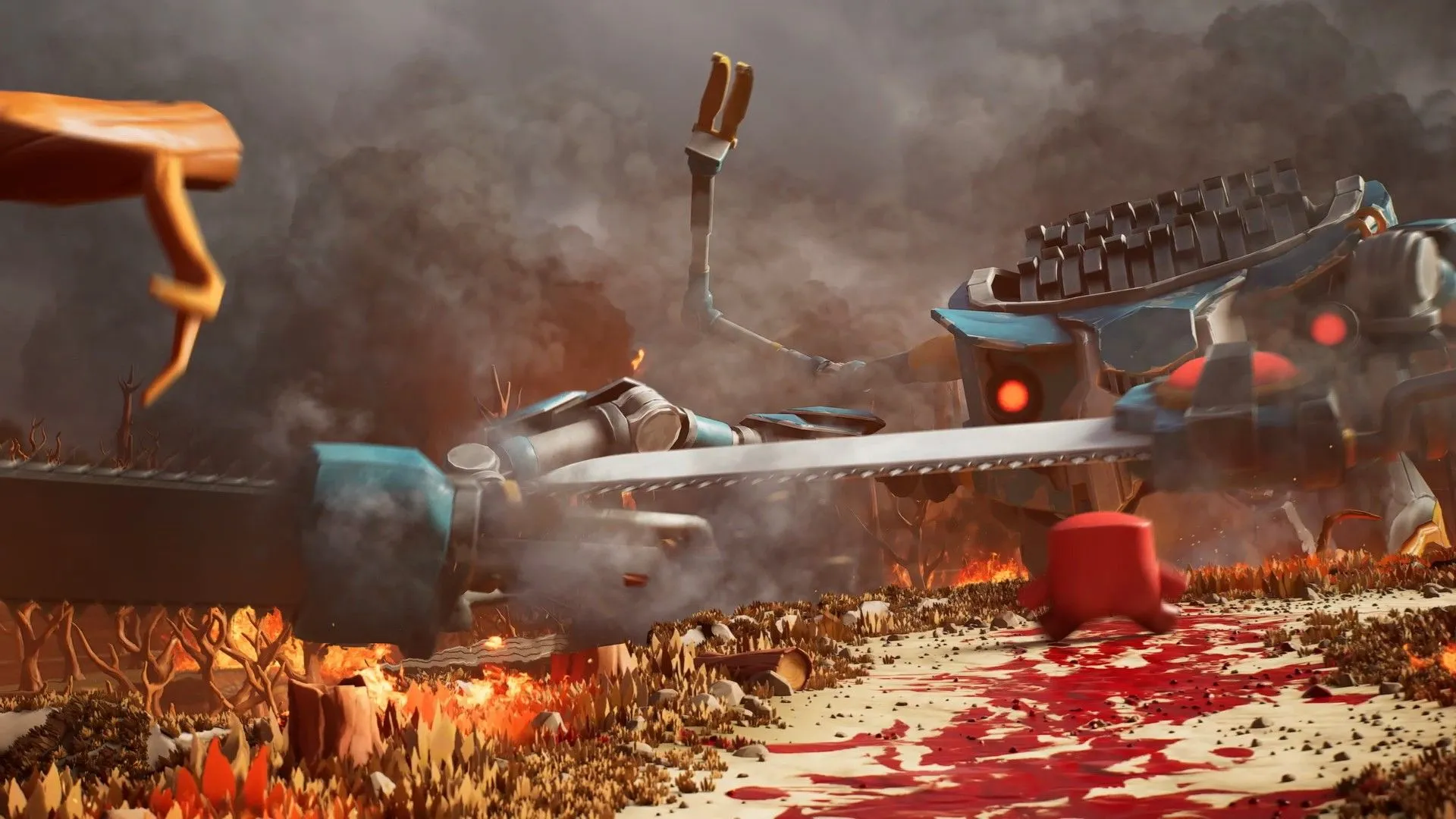 Meat Boy trong môi trường 3D nhiều màu sắc, khung cảnh sinh động với các chi tiết nền chuyển động