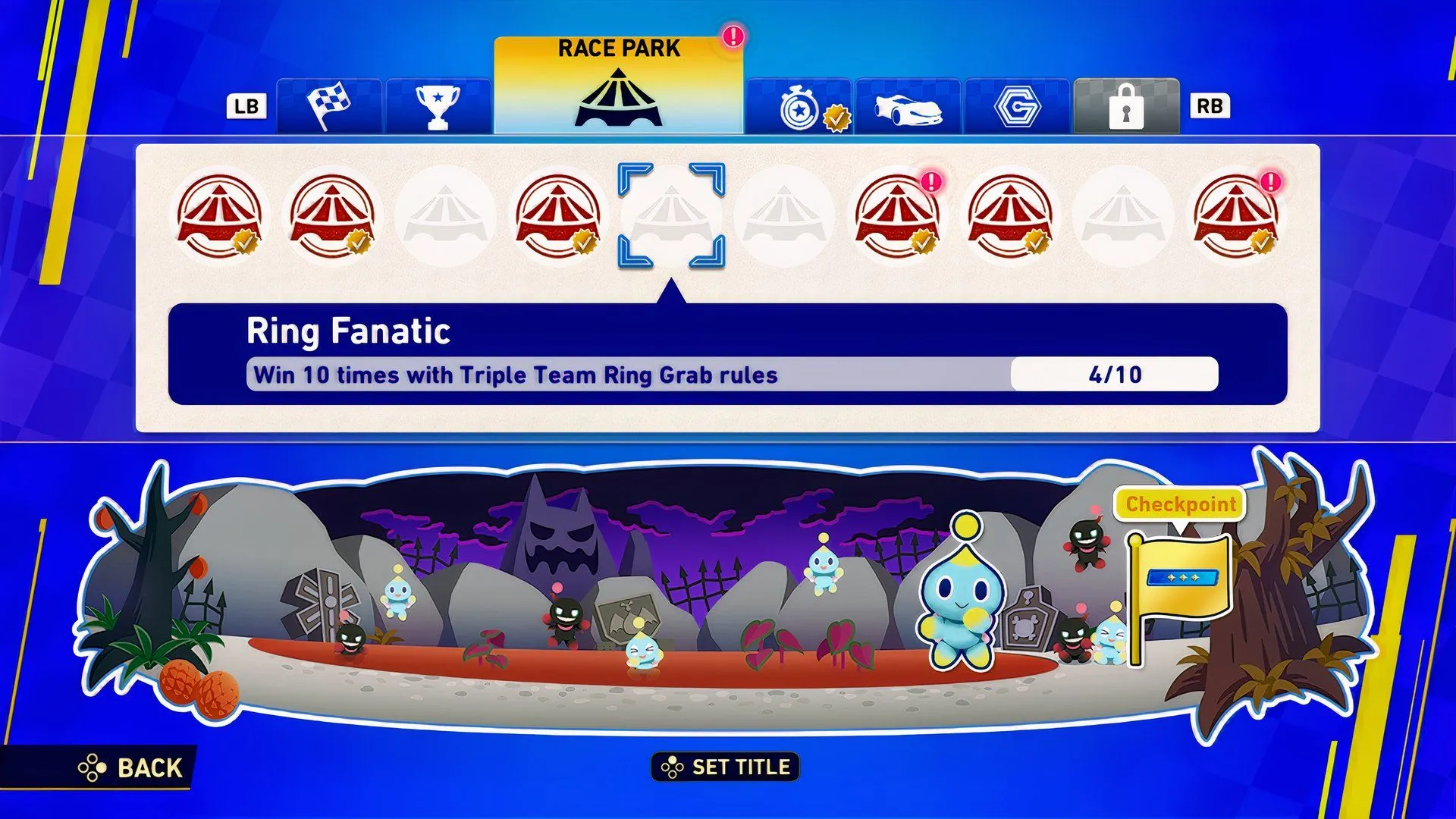 Minh họa các thử thách Race Park trong giao diện game, hiển thị thành tựu và yêu cầu hoàn thành các chế độ đội