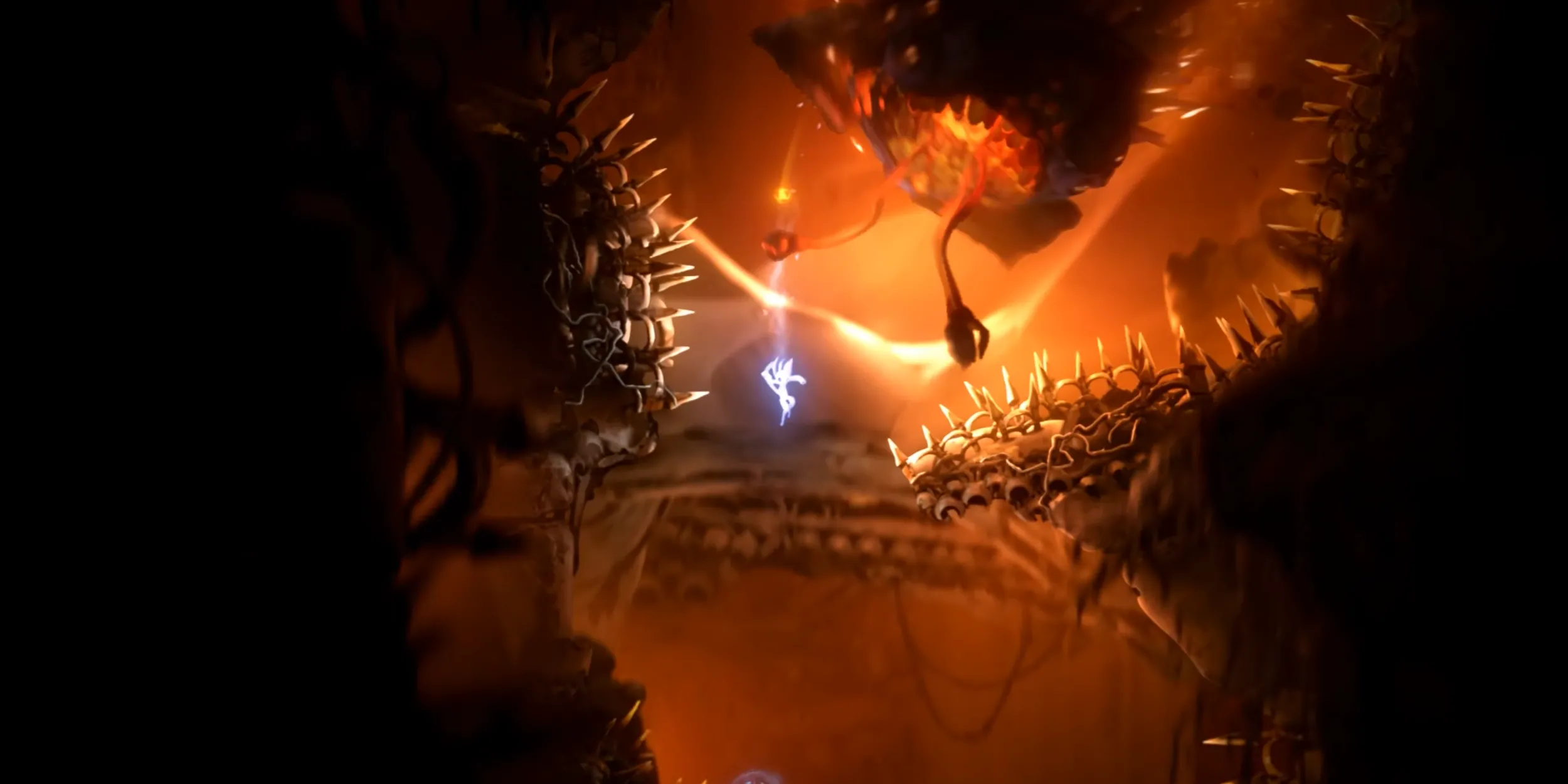 Ori chạy trốn con giun cát trong đoạn Sandworm Escape, yêu cầu phản xạ và nhảy chính xác