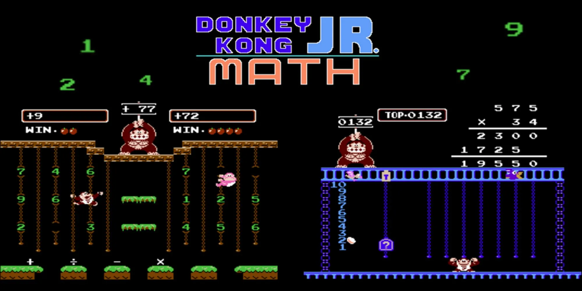 Quảng cáo Donkey Kong Jr. Math trên NES, thể hiện yếu tố toán học và phong cách game cổ điển
