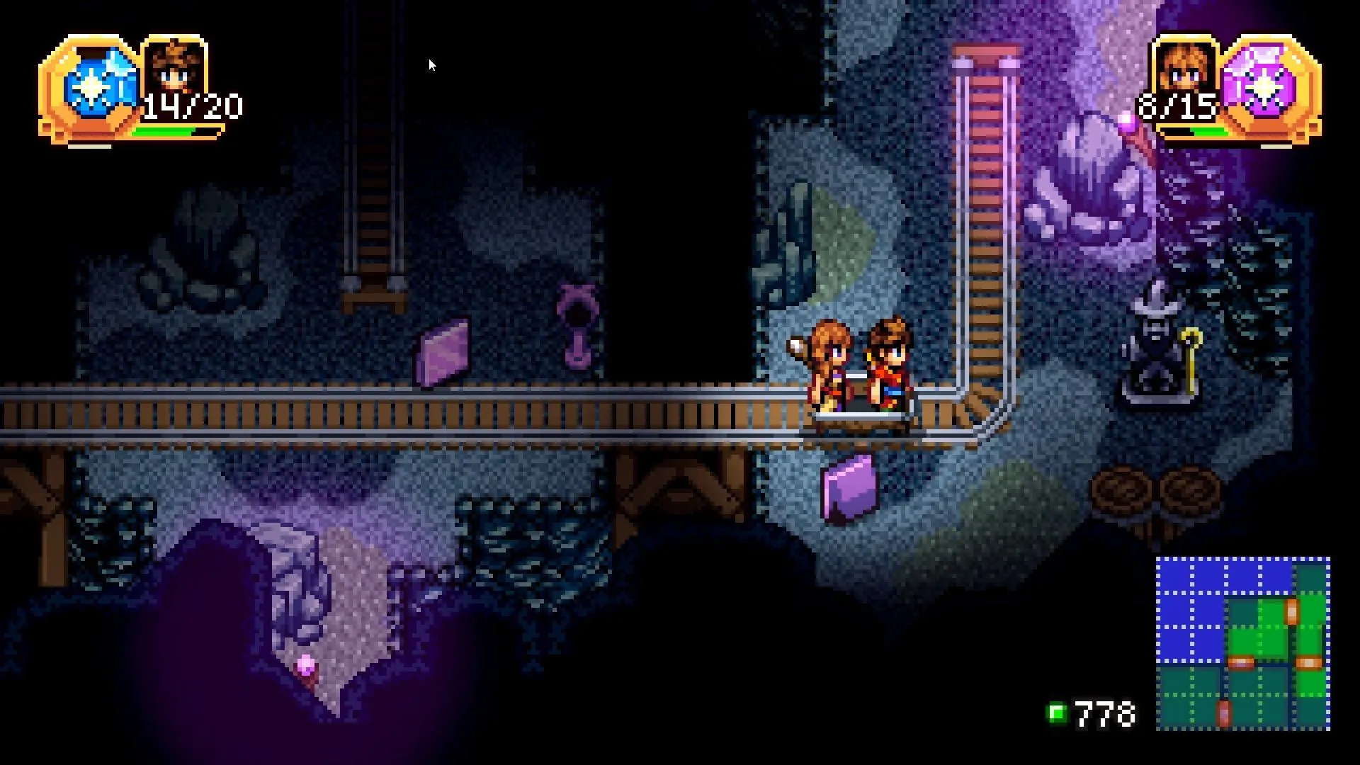 Rio và Reima trên xe mỏ, thể hiện một số hầm ngục có chiều sâu khám phá