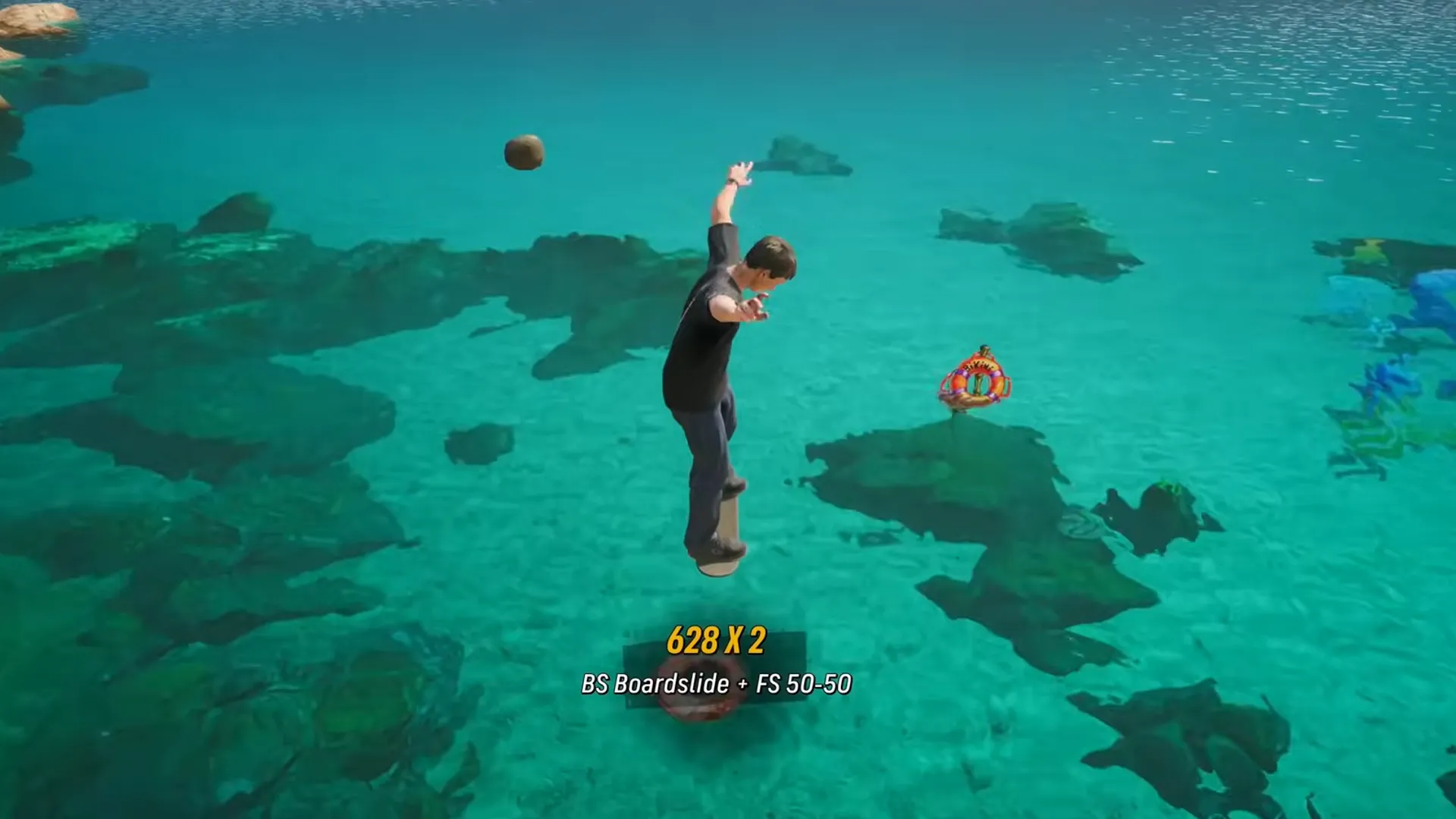 Screenshot nhân vật nhảy xuống nước tìm Bikini Bottom trên Skater Island trong Tony Hawk's Pro Skater 3+4