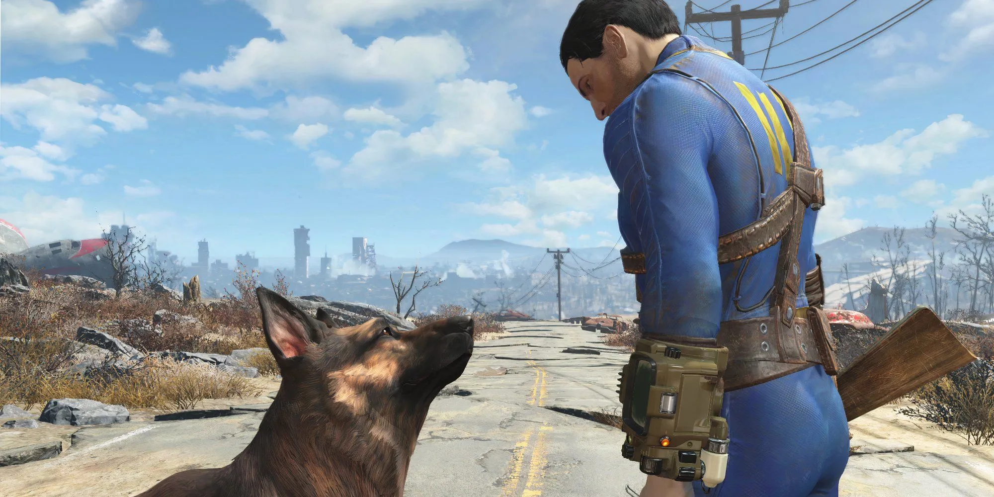 Sole Survivor tương tác với thú cưng Dogmeat ở vùng hoang tàn của Fallout 4, thể hiện yếu tố khám phá và đồng hành