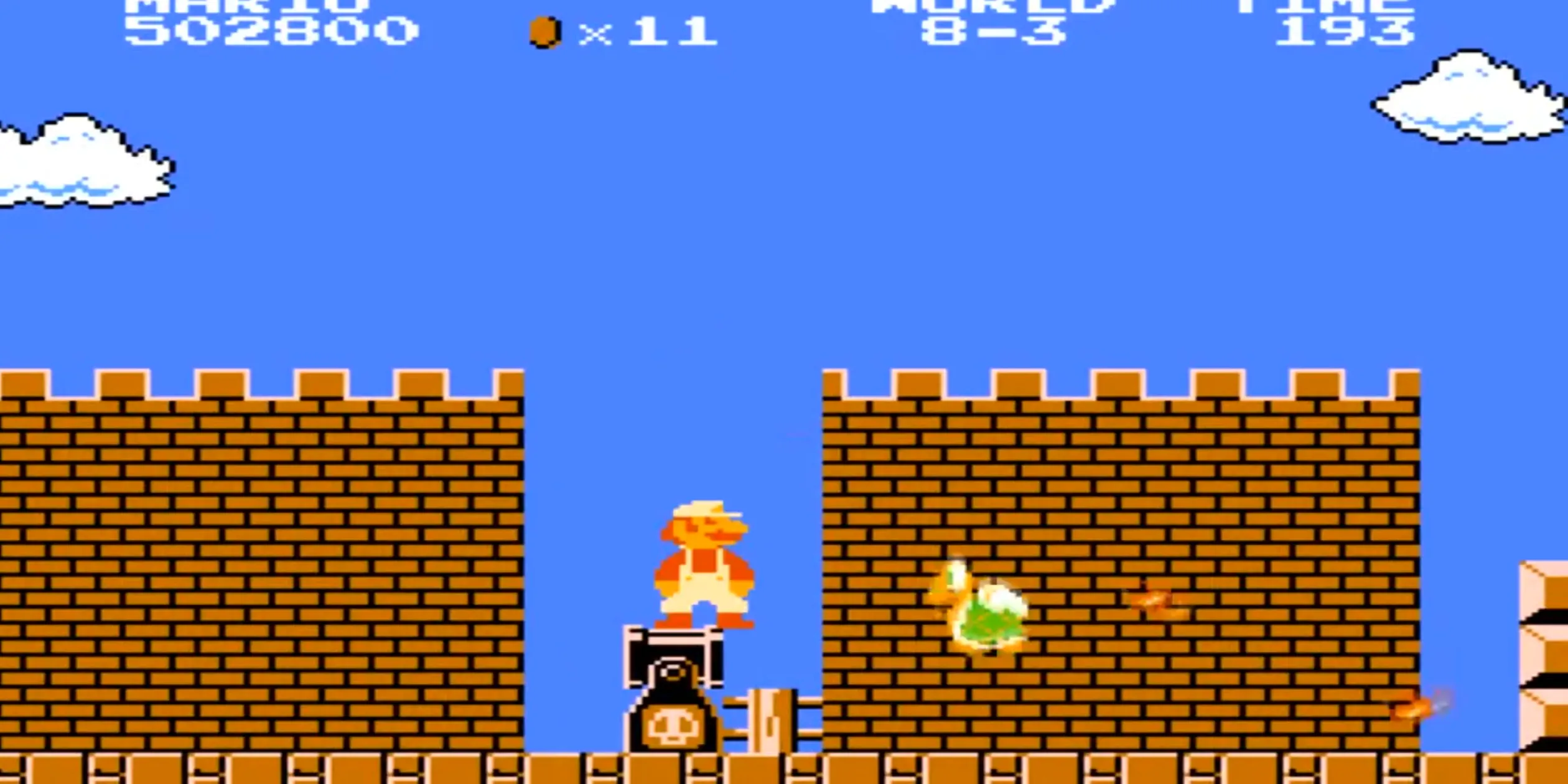 Super Mario Bros World 8-3 với Hammer Bros trên các block lơ lửng, buộc người chơi phải dựa nhiều vào power-up để qua màn